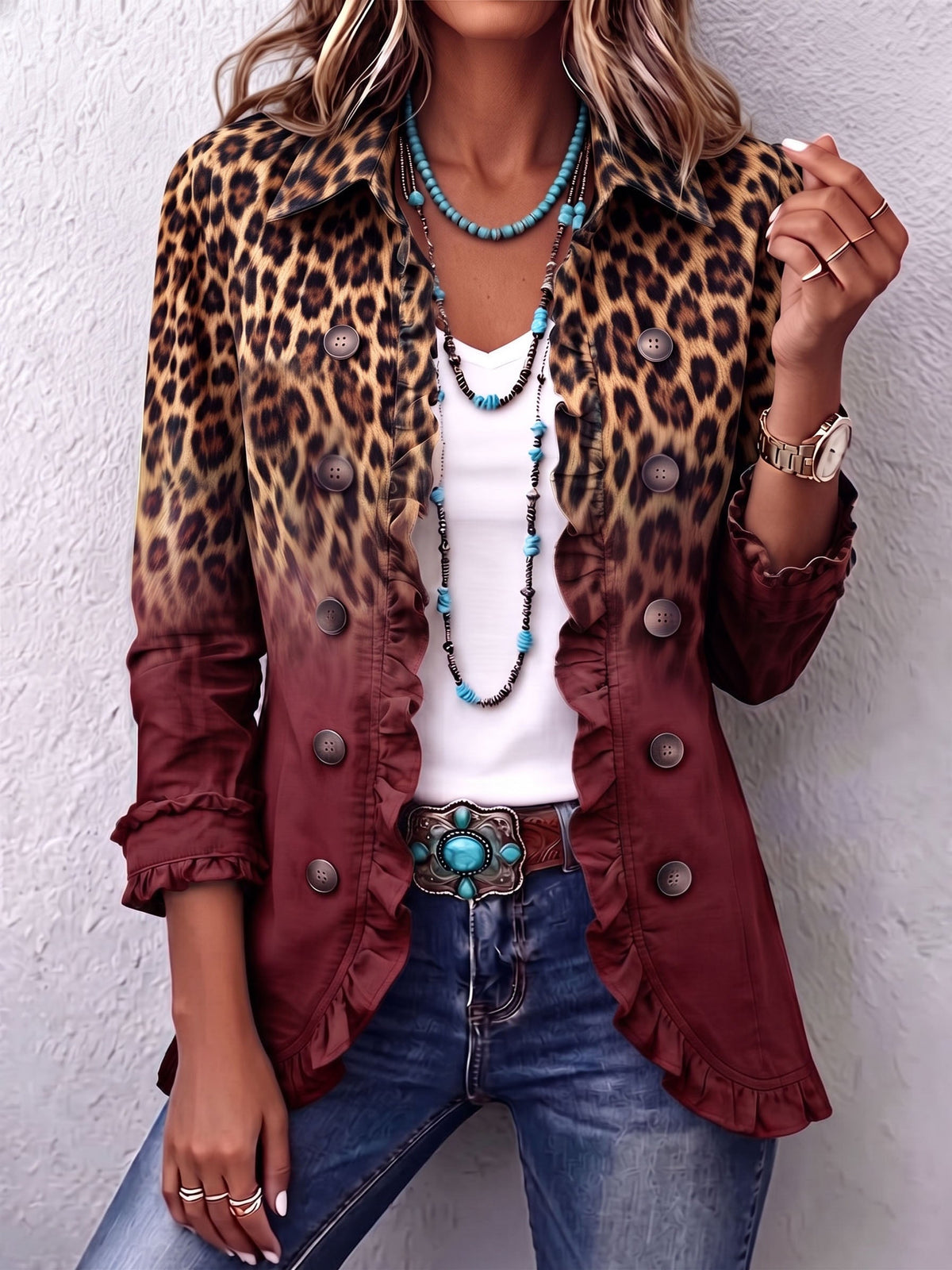 Dominique | Leopard Ombre Ruffled Blazer Jacket
