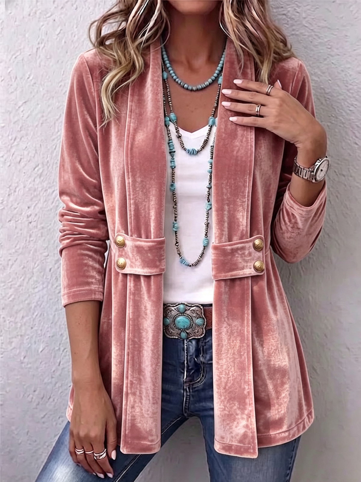 Renée | Vintage Lapel Button-Detail Long-Sleeve Open Jacket
