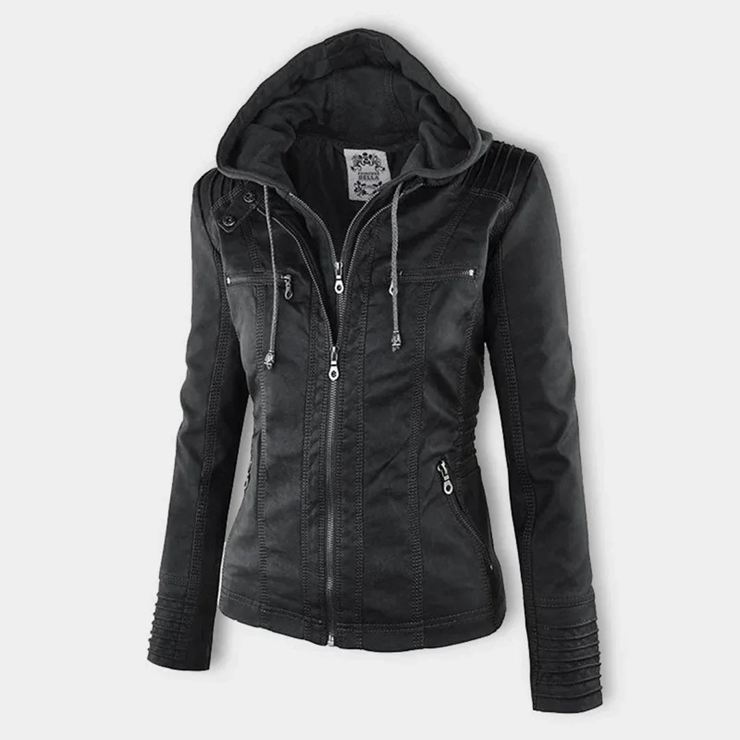Women's Leather Jacket | Hooded Zip-Front Moto